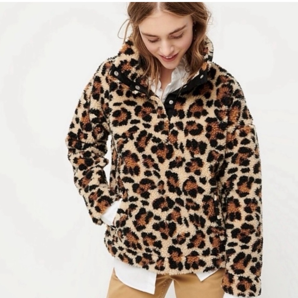 J. Crew Snap-Collar Sherpa Pullover Jacket in Leopard Print